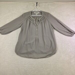 Max Studio Taupe Gray Pleated Split Neck Smocked Blouse Top Size L 2712X33